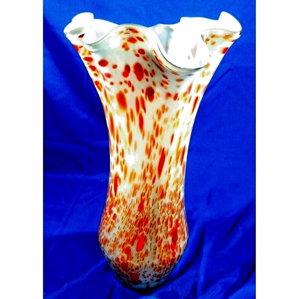 21" Murano Mid-Century Fluted Ruffled Art Glass Floor Vase White Orange Splatter